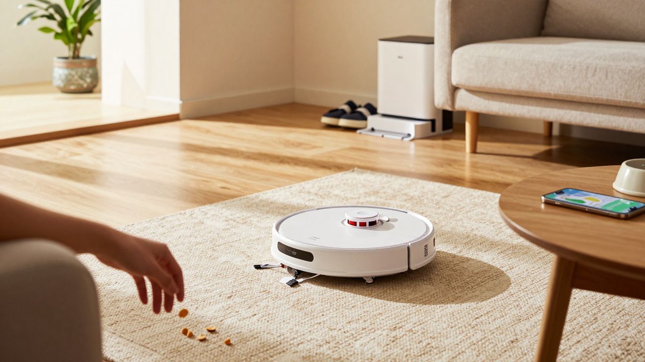 Aspirador robô branco limpa migalhas num tapete em sala de estar iluminada, com sofá, mesa e plantas.