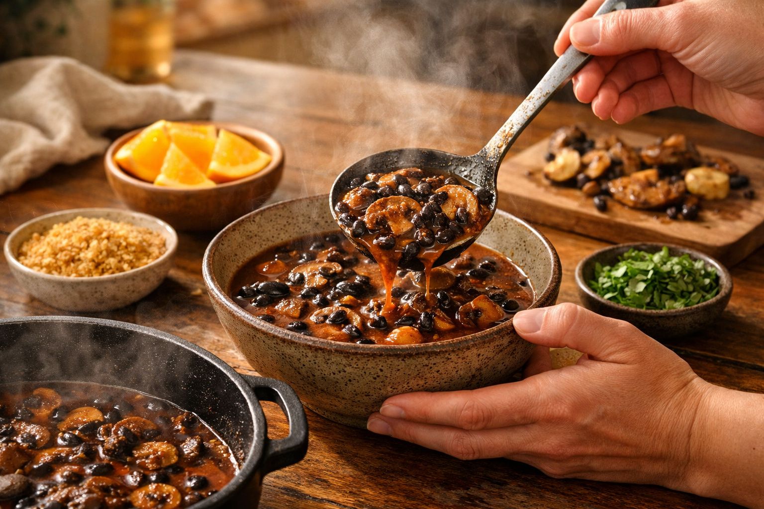 Pessoa servindo feijoada quente numa tigela, rodeada de fatias de laranja, farofa e salsa picada em tigelas pequenas.