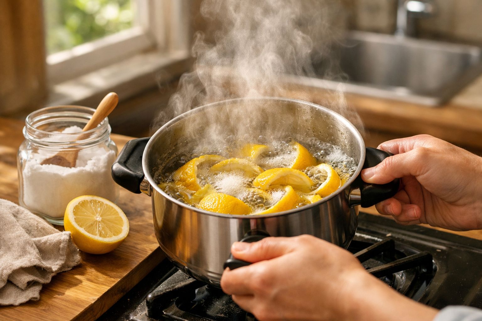 Mãos segurando panela com limões em água fervente, ao lado de meio limão e pote de sal. Cozinha ao fundo.