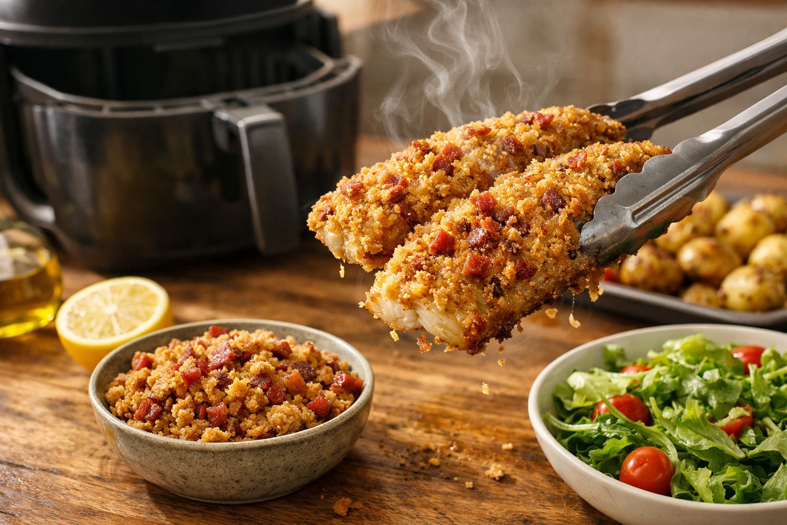 Filetes de peixe panados com crosta de pão e chouriço, sobre mesa de madeira com salada verde e batatas assadas.