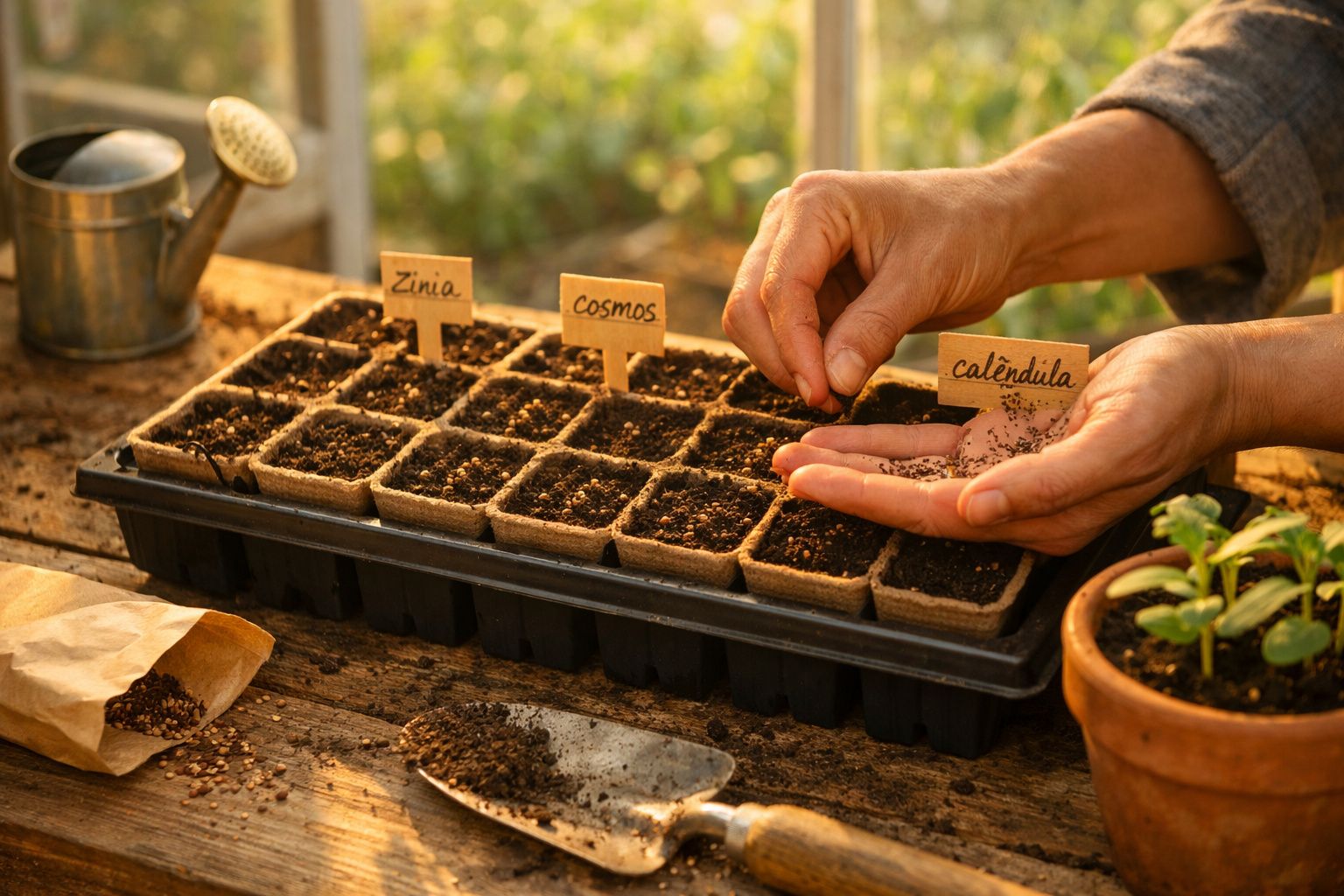 Mãos semeando sementes em pequenos vasos rotulados com "Zinnia", "Cosmos" e "Calêndula" sobre uma mesa de madeira.