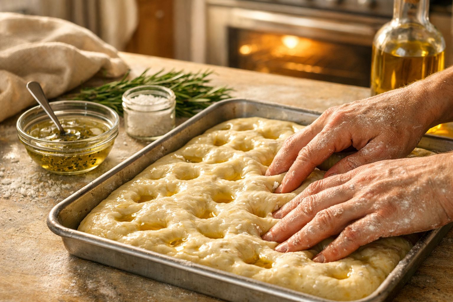 Mãos a preparar massa de focaccia numa forma metálica, com alecrim, azeite e sal ao lado.