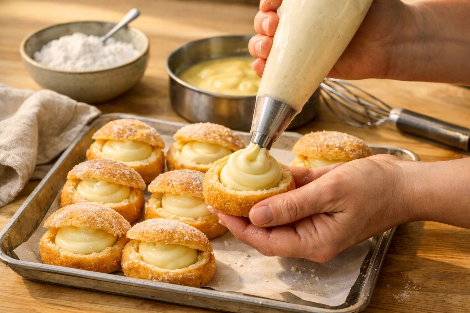 Mãos recheando bolas de berlim com creme de pasteleiro em cima de um tabuleiro, com ingredientes ao fundo.