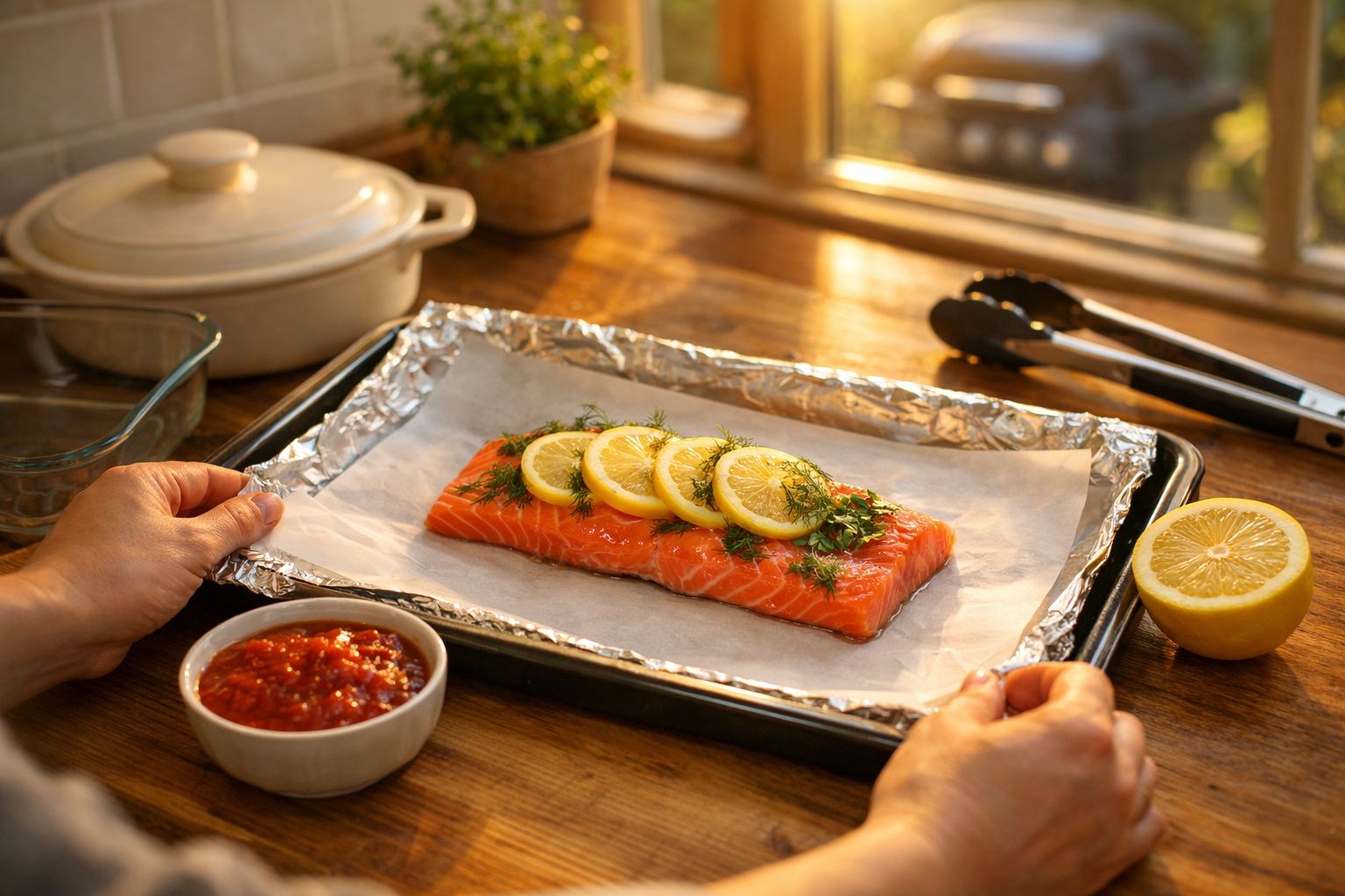 Filete de salmão com rodelas de limão e endro num tabuleiro forrado com papel de alumínio, pronto para assar.