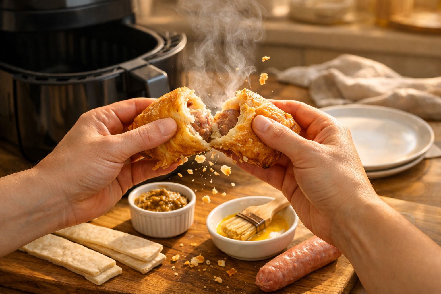 Mãos partem um pastel dourado e fumegante ao meio, com temperos e utensílios de comida ao fundo.