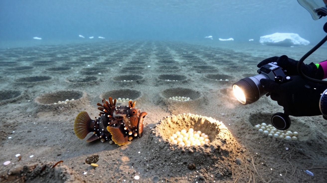 Peixe-leão ao lado de buracos com ovos no fundo do mar, iluminado por luz de mergulhador com câmera.