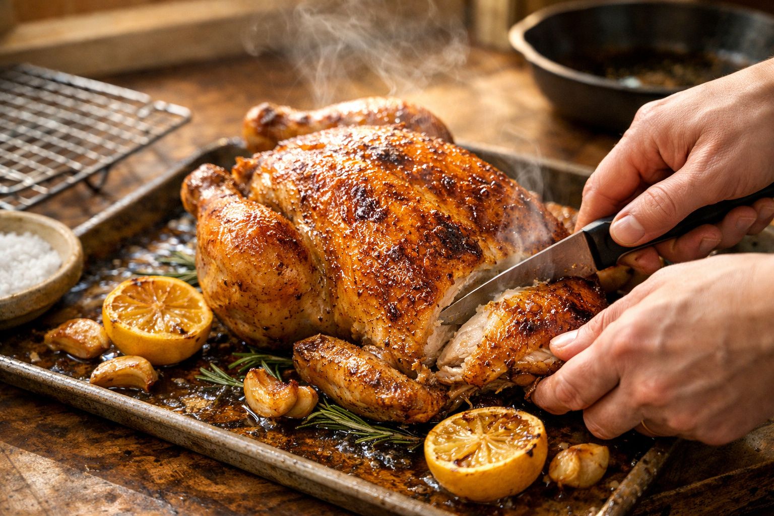 Mãos cortando frango assado dourado com limão, alho e alecrim, em tabuleiro de forno.