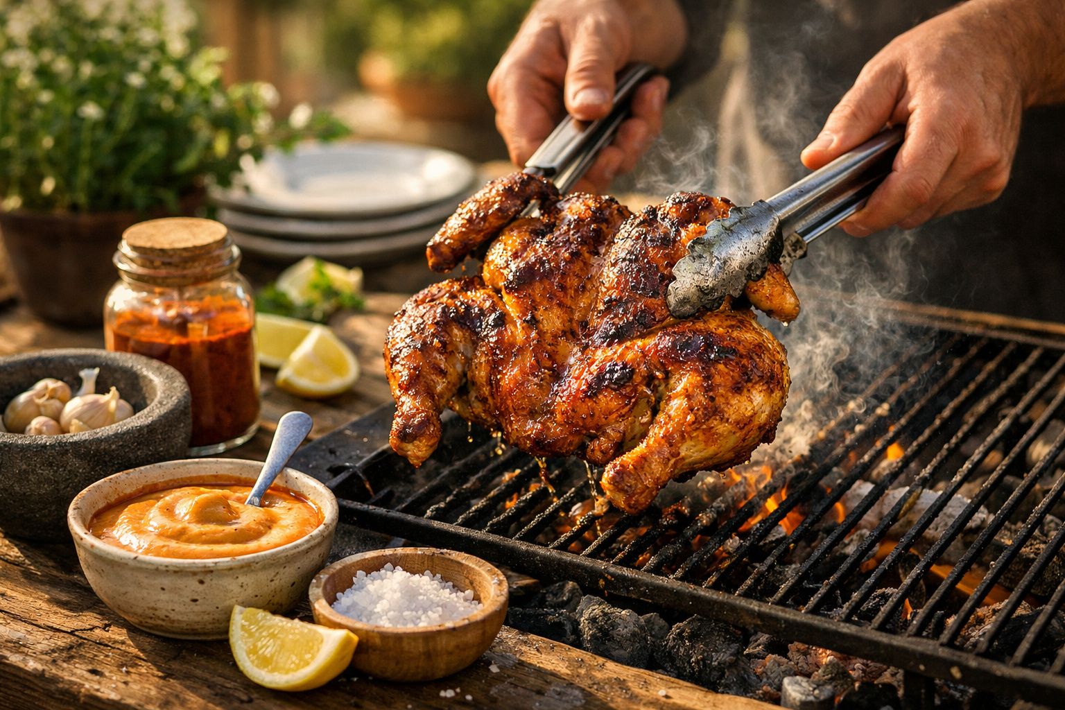 Pessoa grelha frango marinado num churrasco, com molhos e limão ao lado.