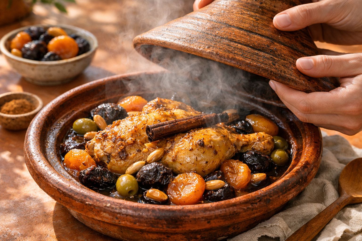 Tagine de frango com ameixas, damascos, azeitonas e amêndoas, sendo destapado. Saem vapor e aromas reconfortantes.