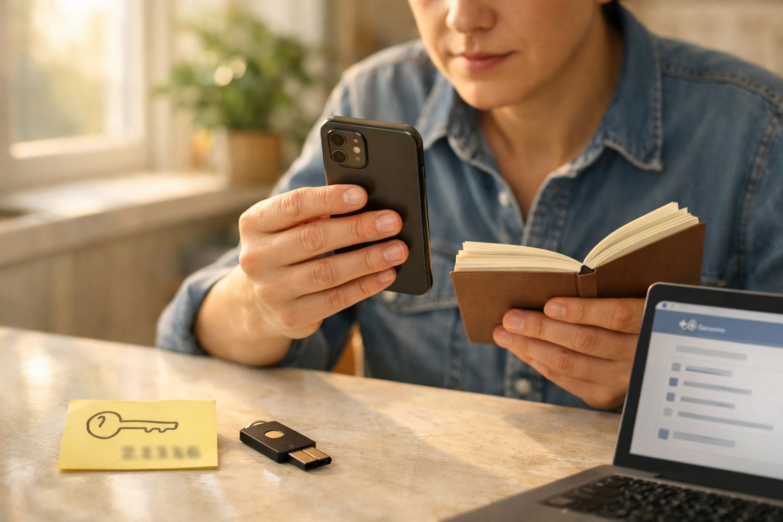 Pessoa segura telemóvel e caderno, com portátil e chave de segurança em cima da mesa.