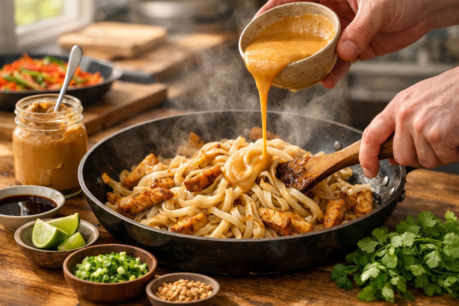 Mão despeja molho cremoso sobre massa com frango numa frigideira, rodeada de ingredientes e ervas frescas.