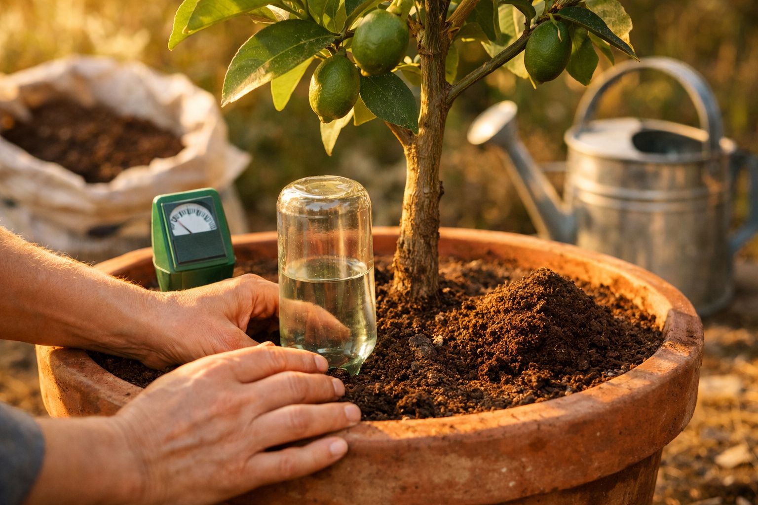Pessoa colocando frasco de vidro com água num vaso de planta; regador e saco de terra ao fundo.