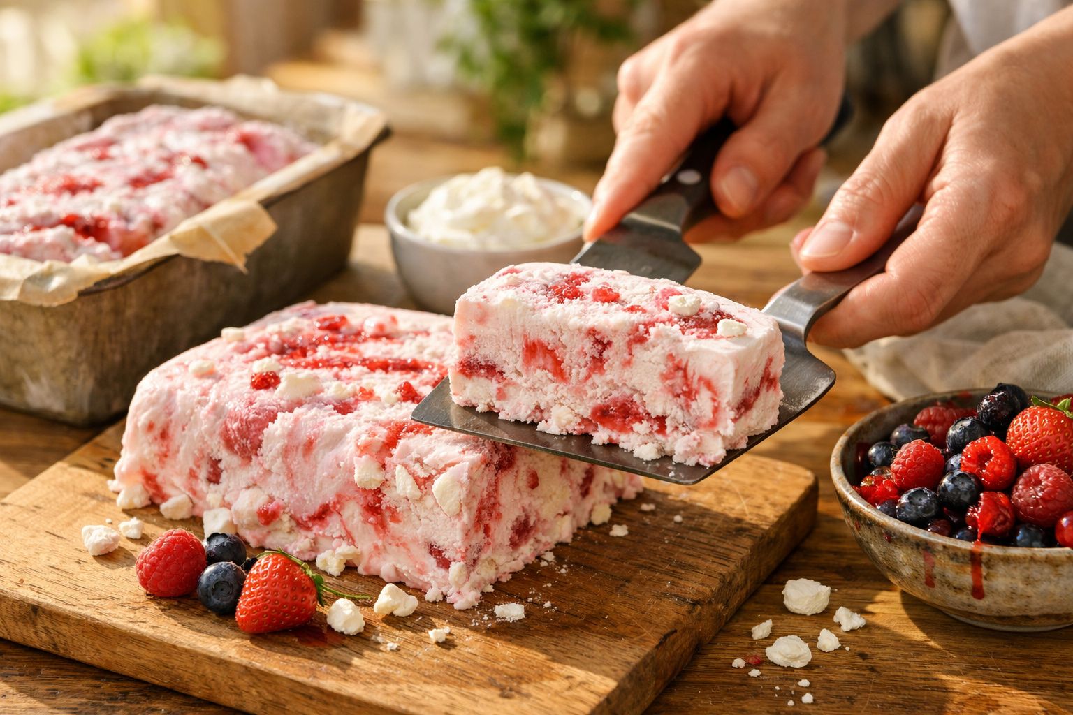 Mãos a cortar semifrio de frutos vermelhos com tigela de frutas ao lado.