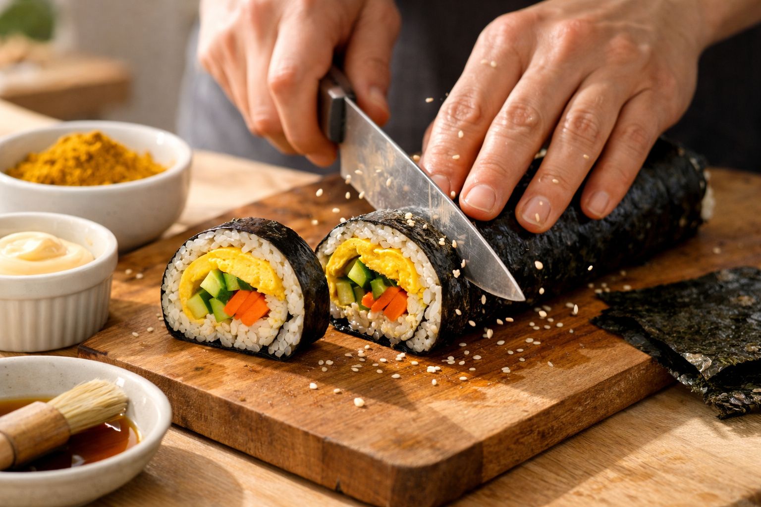 Pessoa a cortar rolo de sushi em tábua de madeira, rodeado de ingredientes.