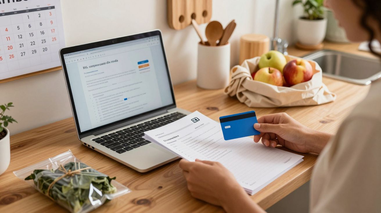 Pessoa a segurar um cartão de crédito e fatura em frente a portátil num balcão de cozinha com frutas e ervas em sacos.