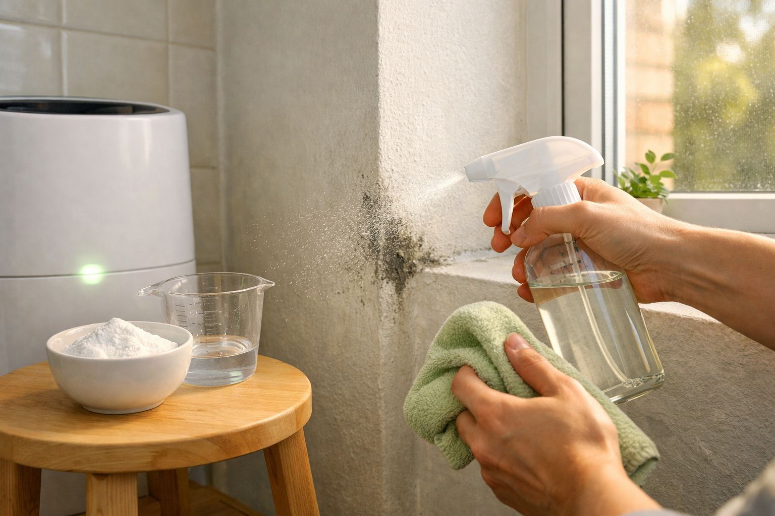 Pessoa a limpar mofo numa parede com spray e pano; ingredientes de limpeza sobre um banco ao lado.