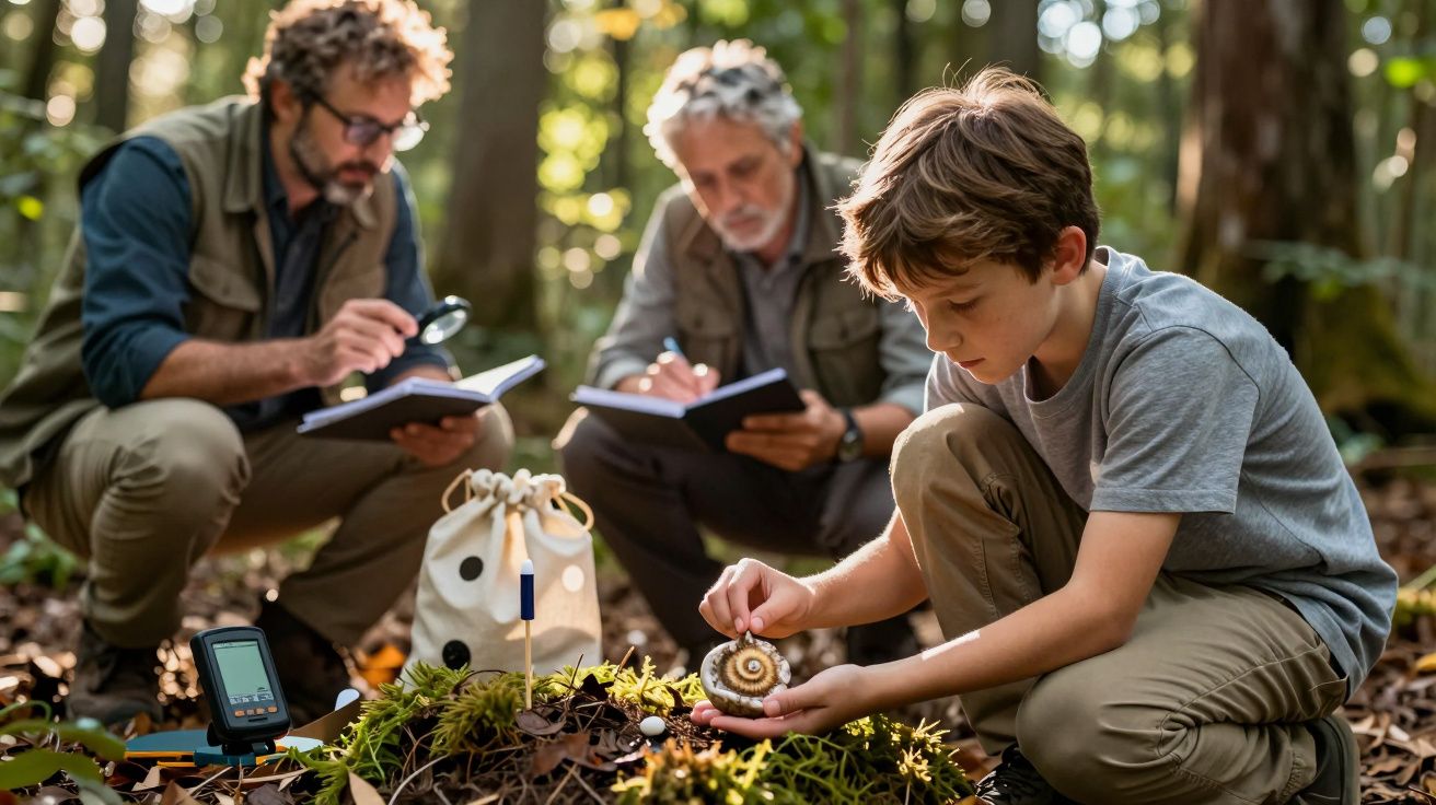 Grupo numa floresta, criança observa caracol enquanto dois homens anotam e usam lupa. Mochila e dispositivo no chão.