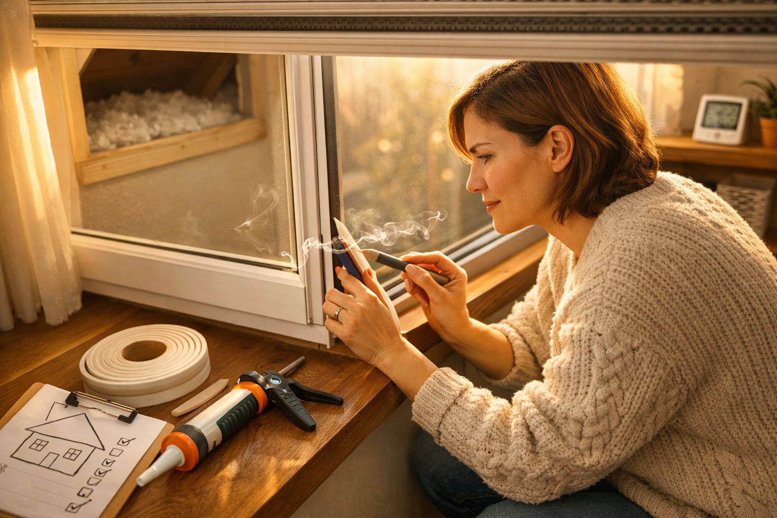 Mulher isola janela com fita adesiva, equipada com ferramentas numa mesa ao lado.