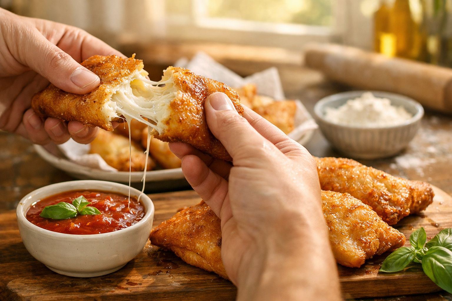 Mãos seguram pastéis de queijo derretido, próximo a molho de tomate em taça branca, sobre mesa de madeira.