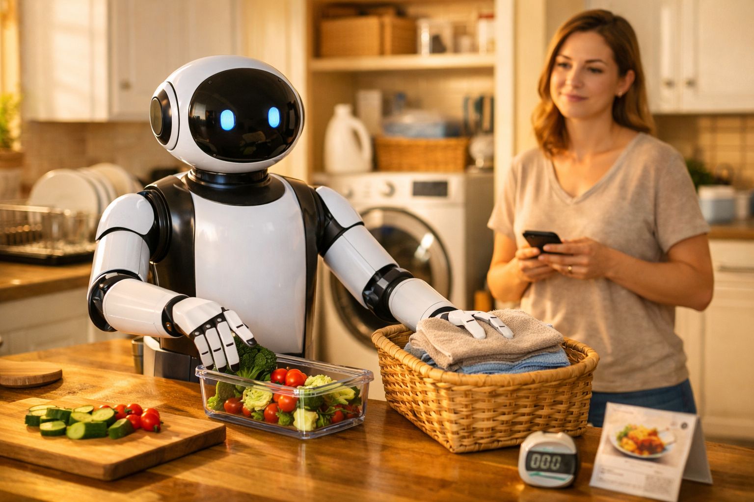 Robô prepara salada na cozinha enquanto mulher o observa com telemóvel na mão.