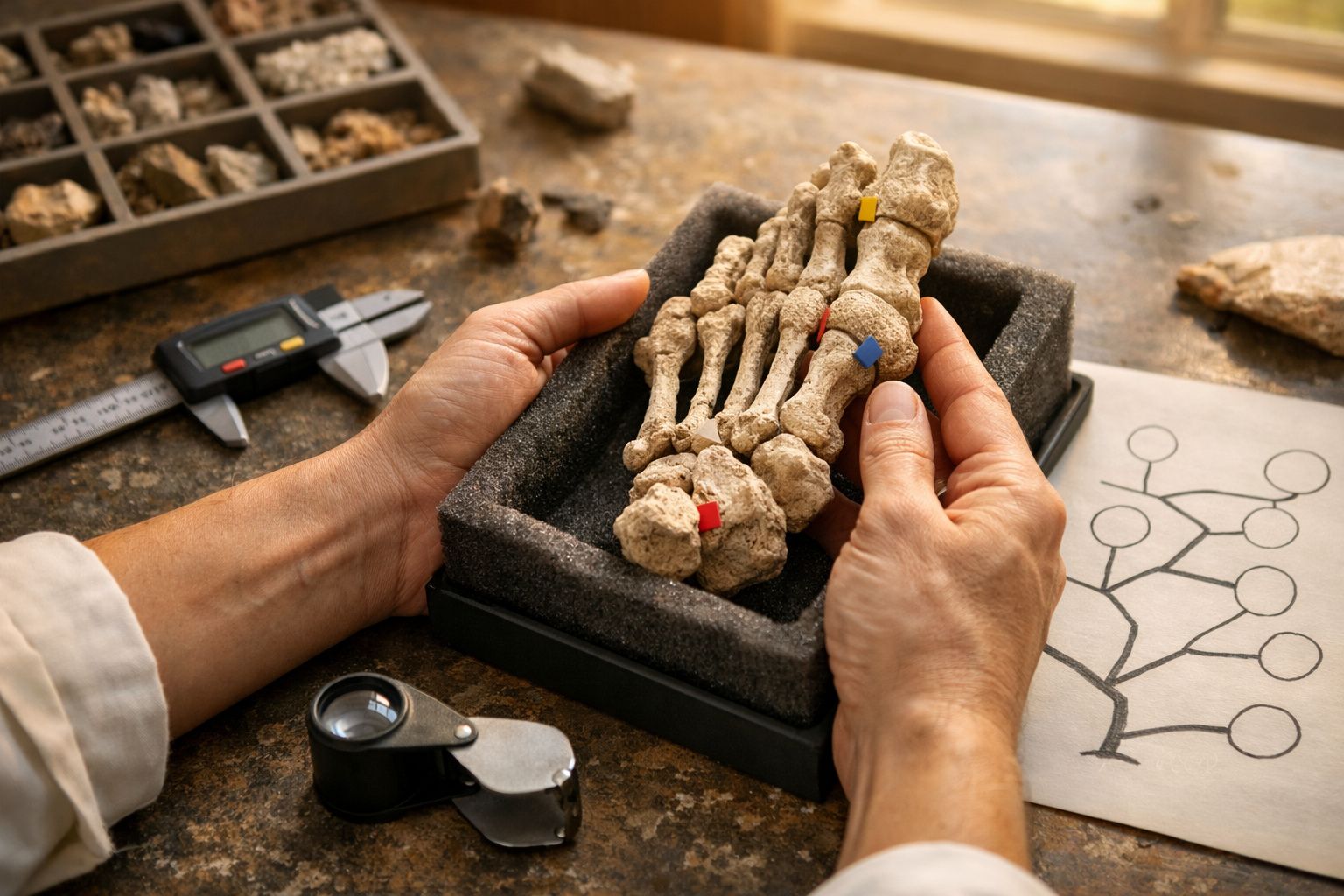 Pessoa segura fóssil de pé em caixa de espuma, com ferramentas científicas e diagrama sobre mesa.