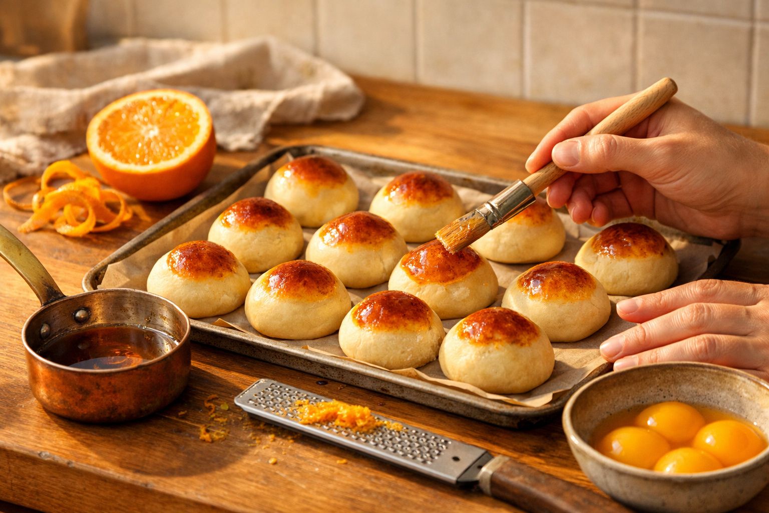 Pessoa a pincelar bolas de massa douradas numa bandeja, ao lado de metade de laranja e raspas.