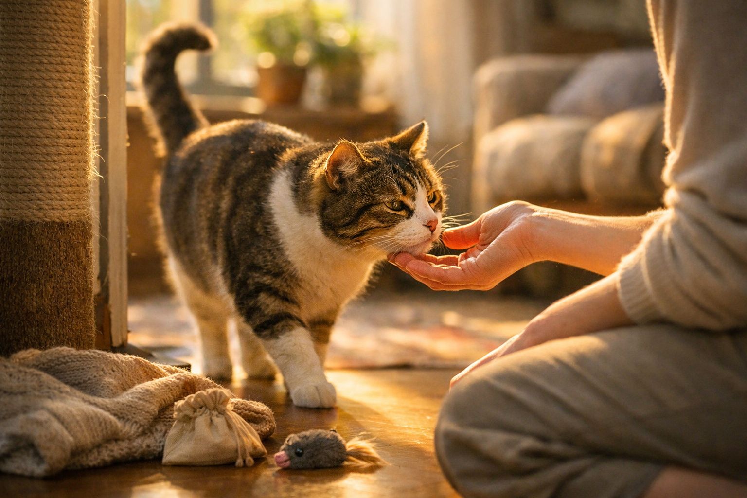 Gato malhado cheira a mão de uma pessoa, com luz suave do sol iluminando a cena em uma sala aconchegante.