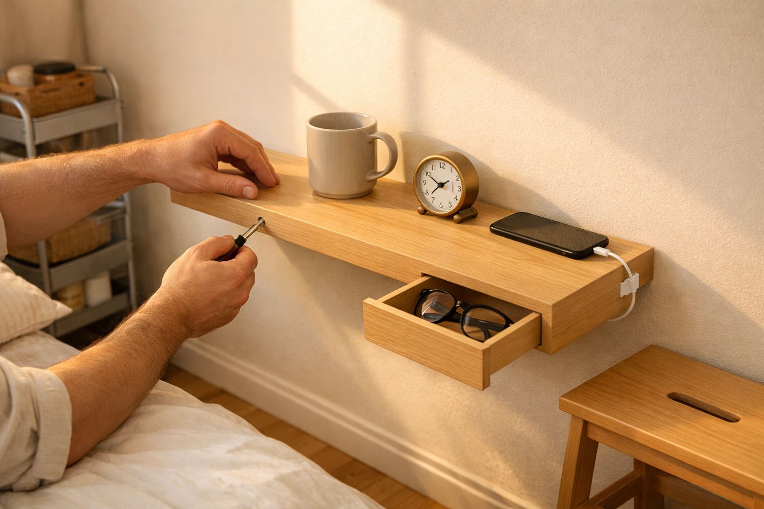 Mãos montam prateleira de madeira com chávena, relógio, telemóvel a carregar e gaveta aberta com óculos.