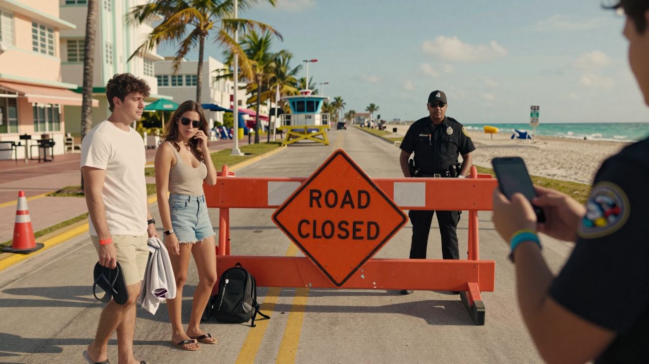 Casal junto a barreira "Road Closed", polícia ao fundo, céu azul, palmeiras e praia à direita.