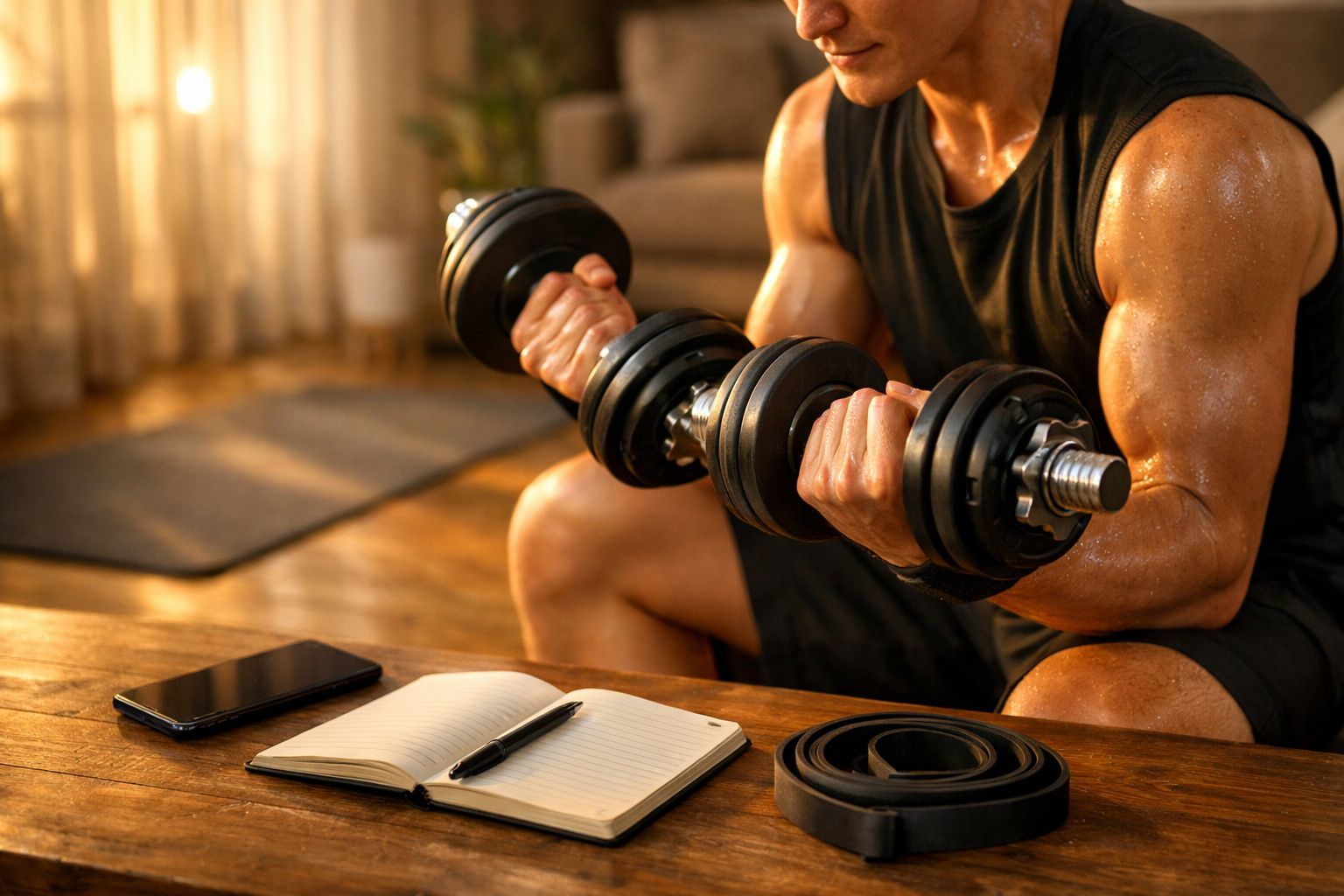 Homem musculoso a fazer pesos em casa, com caderno, caneta e smartphone na mesa ao lado.