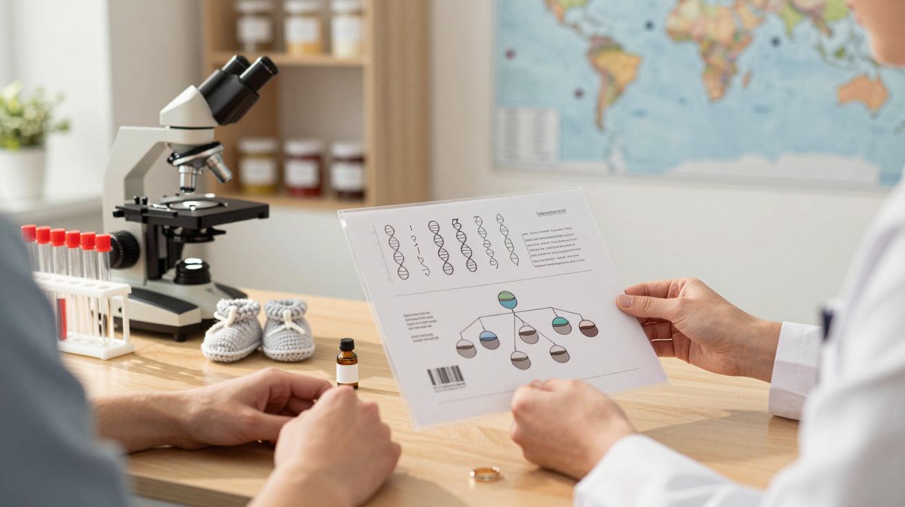 Médico e paciente analisam gráficos genéticos num consultório, com microscópio e mapa mundial ao fundo.