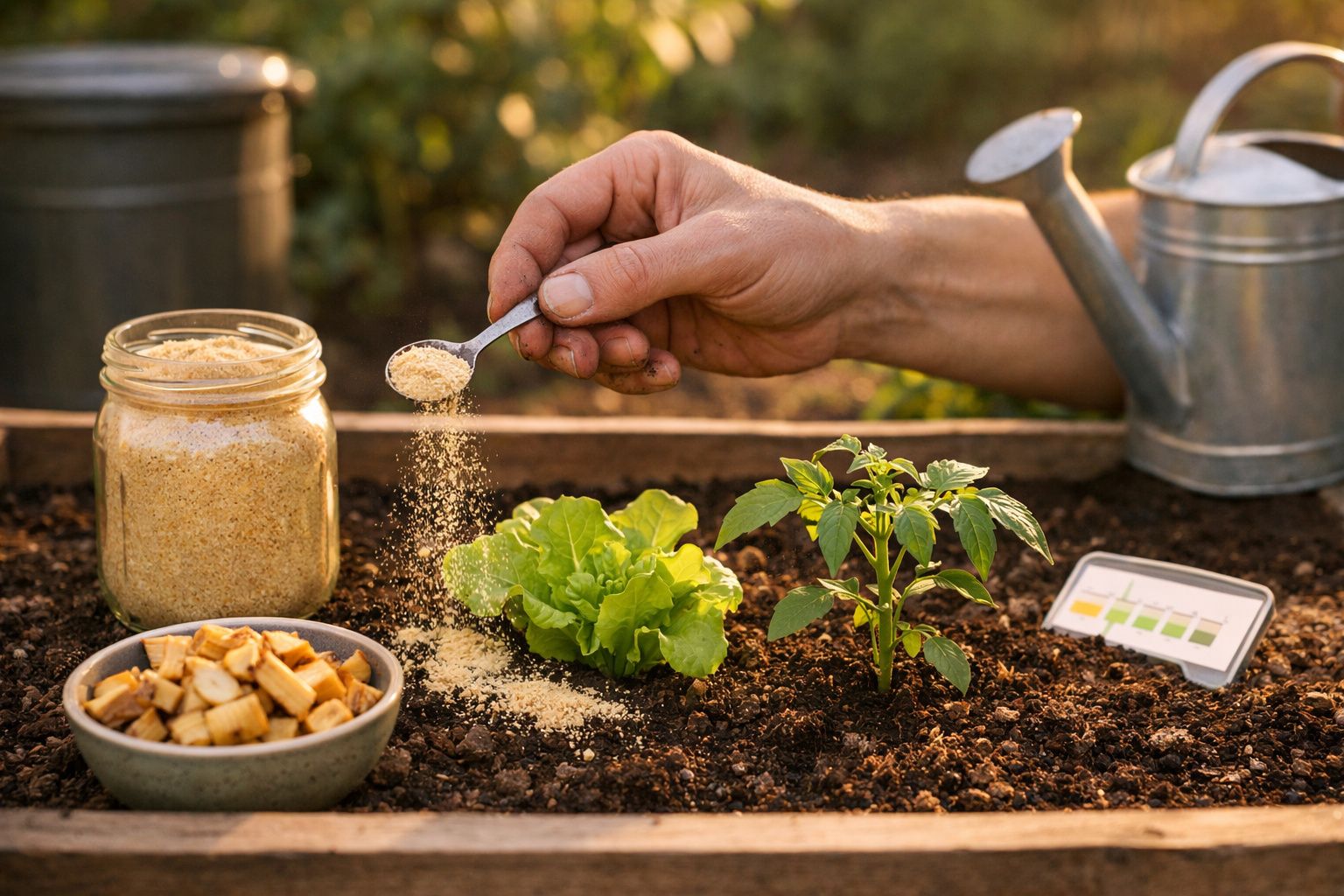 Mão de pessoa espalha fertilizante em colheres sobre plantas em canteiro, com regador e ingredientes ao lado.
