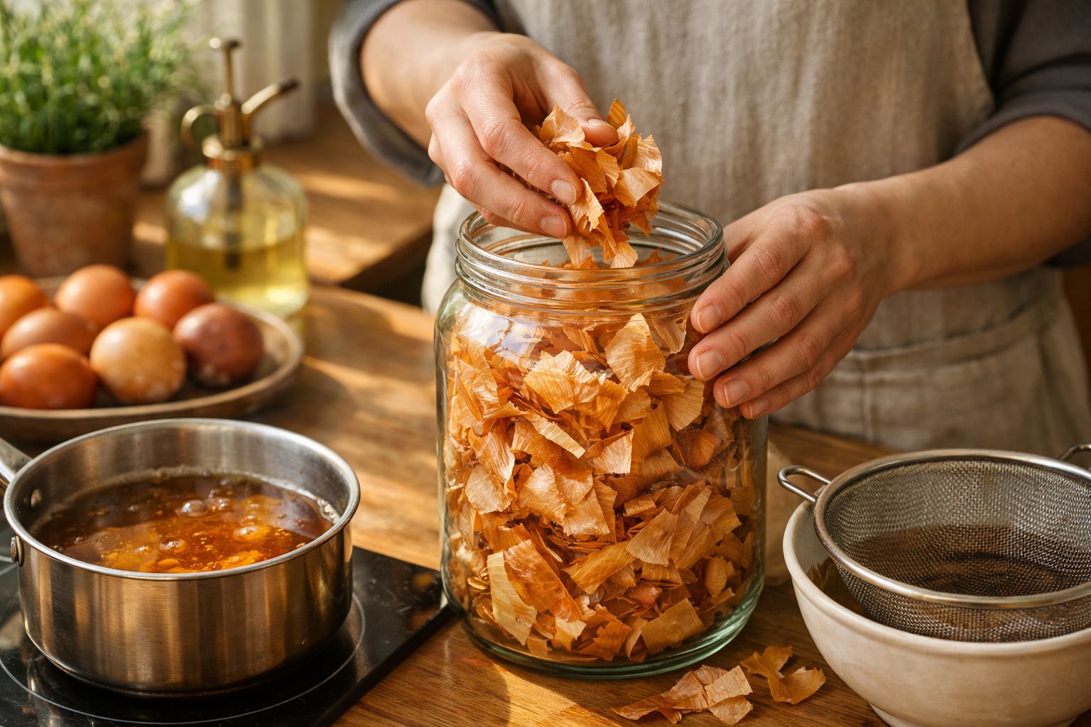 Pessoa coloca cascas de cebola num frasco de vidro na cozinha. Há ovos, panela e peneira na bancada.