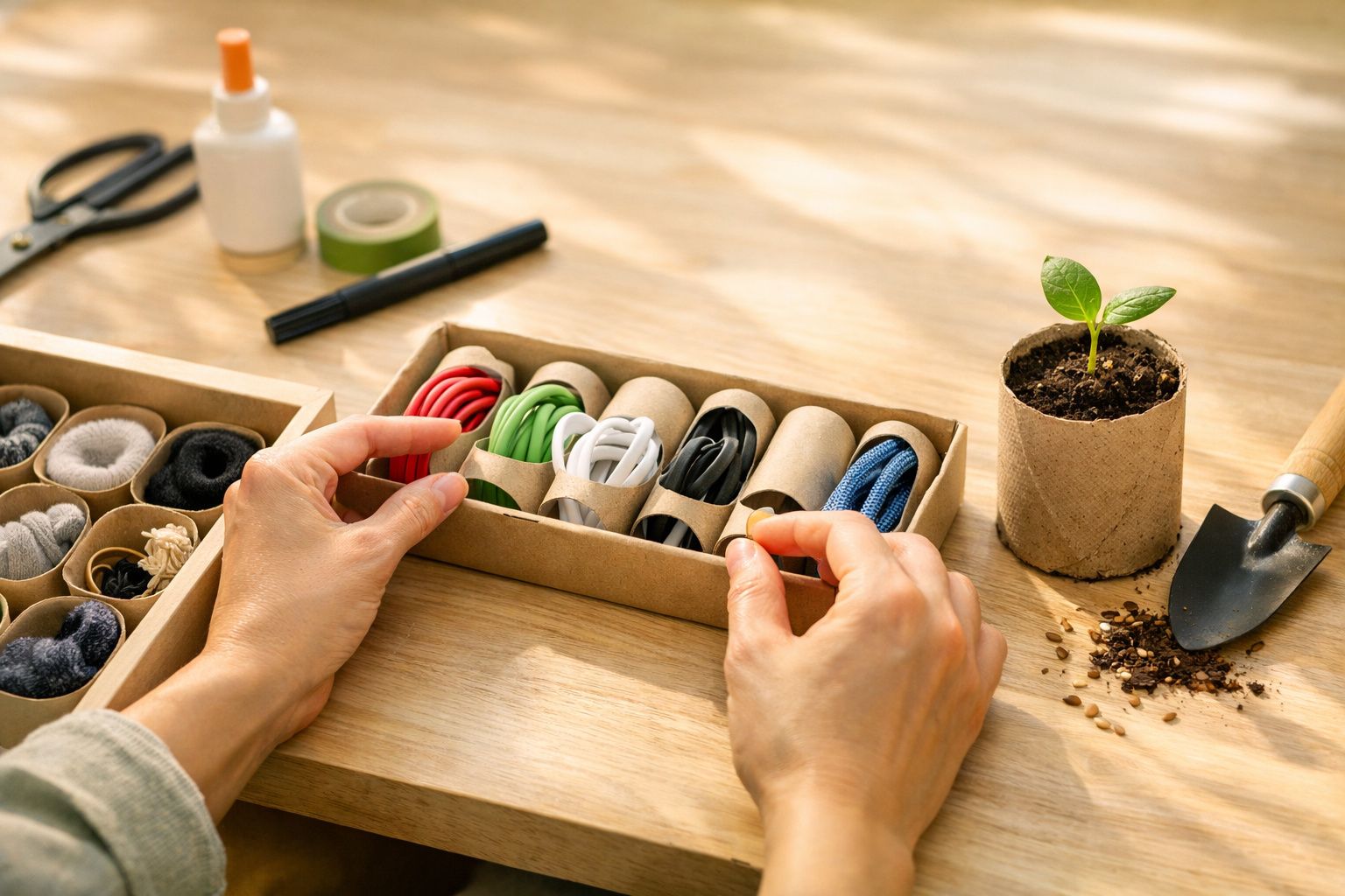 Caixa com elásticos coloridos, mãos organizando. Vaso com planta jovem e pá de jardinagem sobre mesa de madeira.
