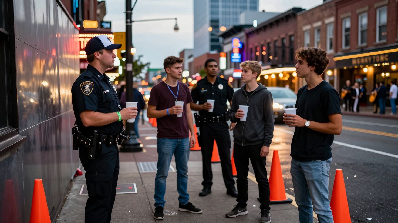 Polícias conversam com quatro jovens segurando copos numa rua movimentada à noite, cones de trânsito ao redor.
