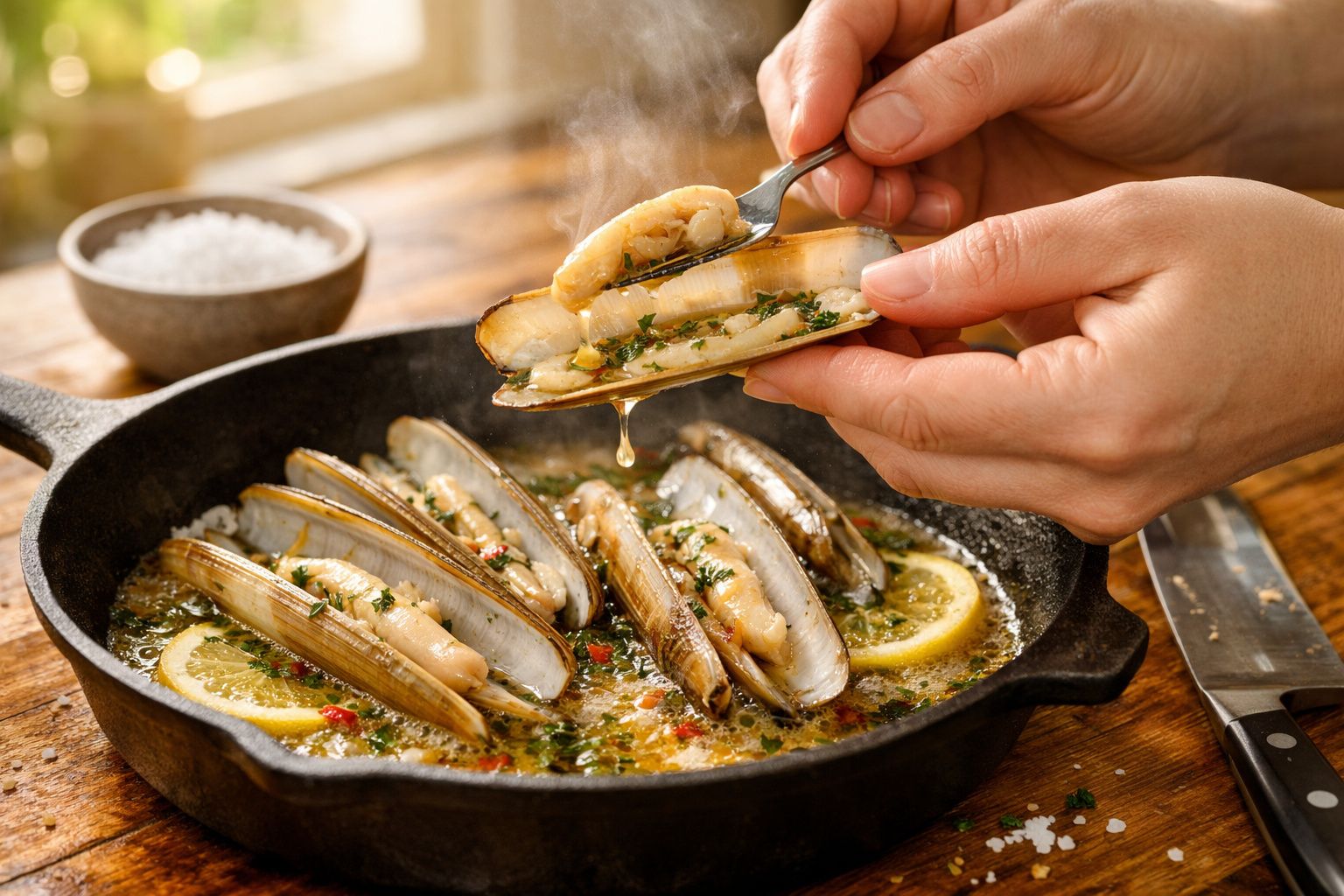 Pessoa serve amêijoas cozinhadas com alho e ervas numa frigideira de ferro fundido, decorada com fatias de limão.