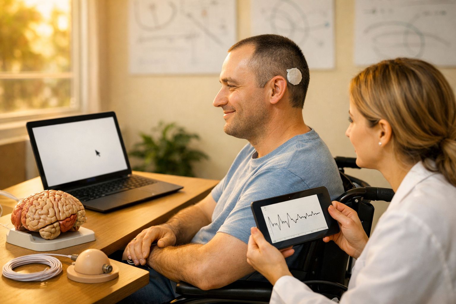 Homem com sensor cerebral, sentado, ao lado de médica que segura tablet com gráfico; cérebro artificial sobre a mesa.