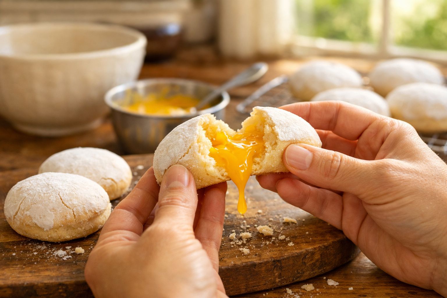 Mãos seguram biscoito recheado com doce de ovos, partido ao meio, mostrando o recheio cremoso a escorrer.