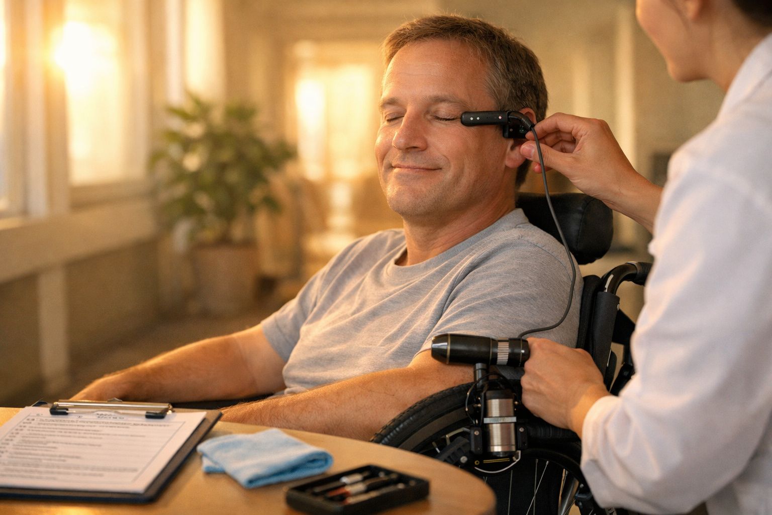 Homem em cadeira de rodas sendo examinado por uma médica com dispositivo ocular.