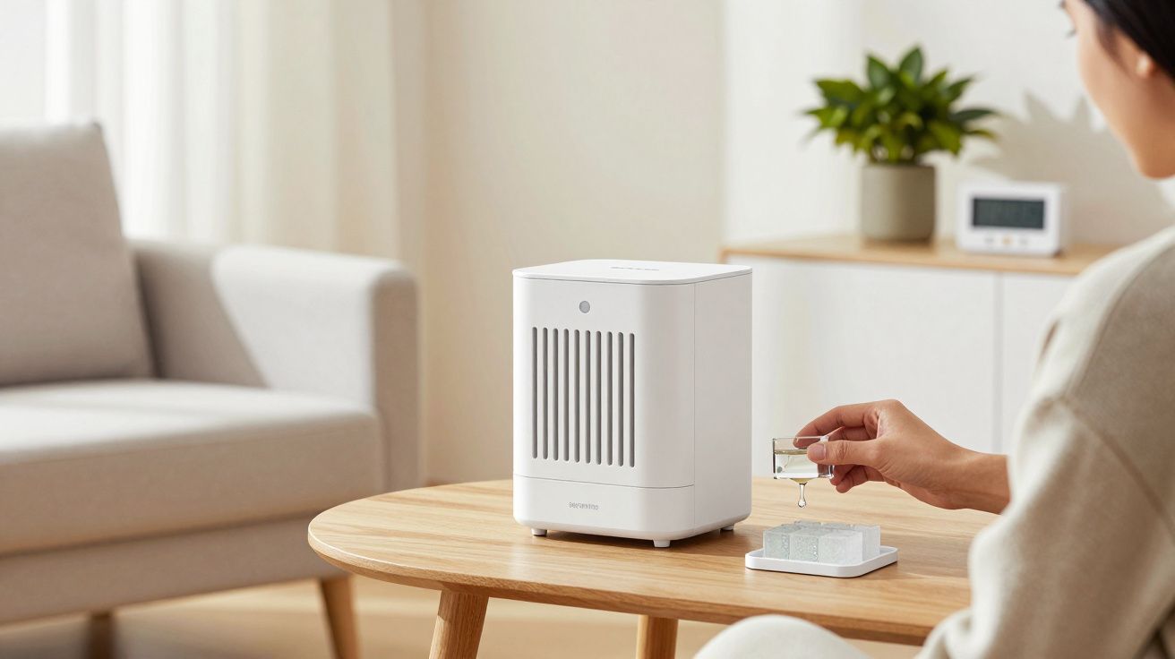 Mulher usa purificador de ar branco numa mesa de madeira, com sofá e planta em fundo claro.