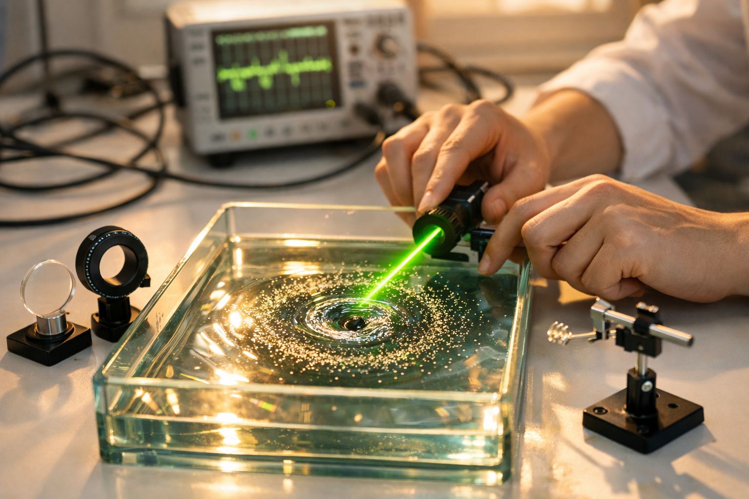 Mãos manipulam laser verde sobre tanque de água com padrões circulares; osciloscópio ao fundo.