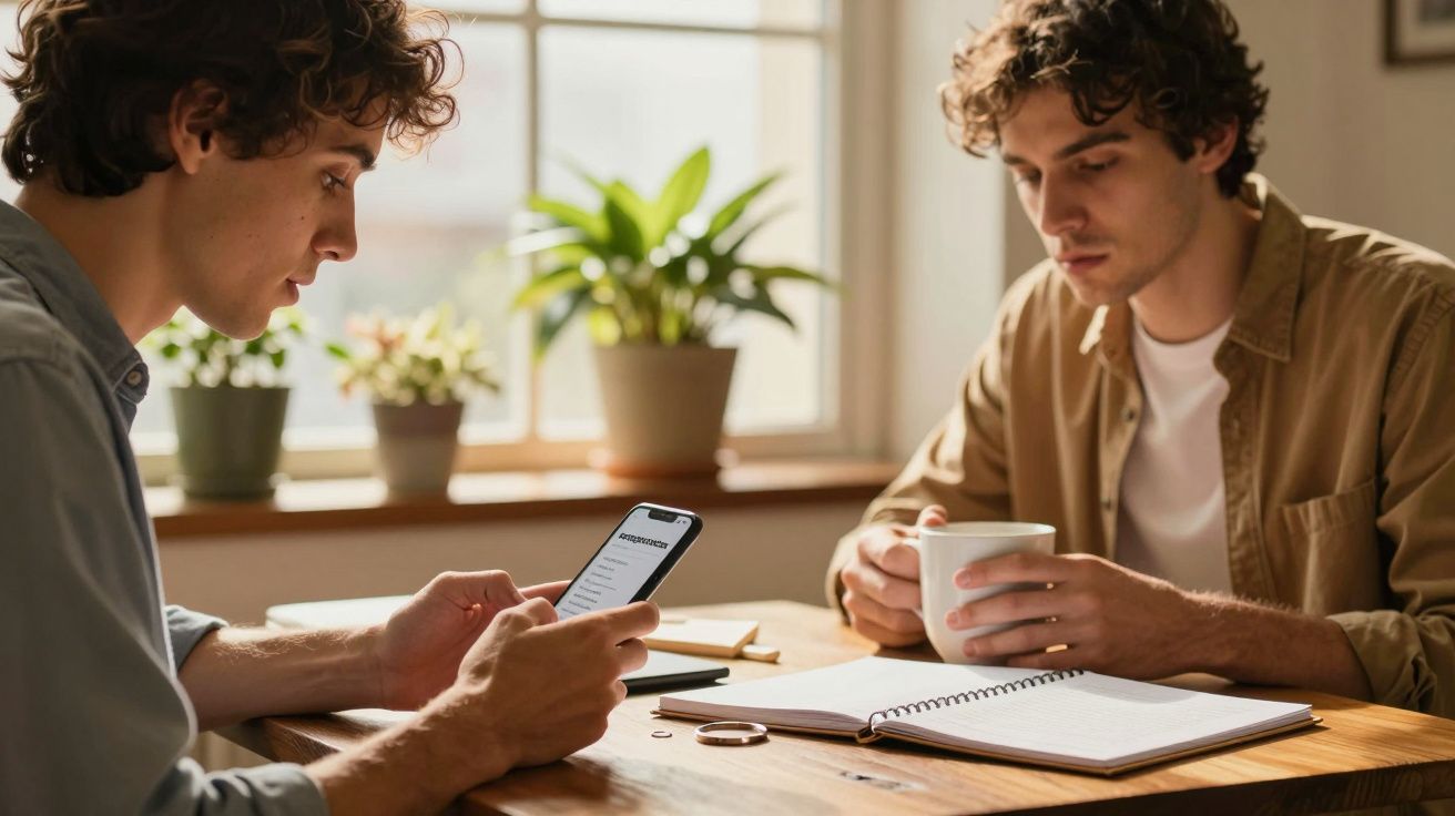 Dois homens sentados à mesa; um segura o telemóvel e o outro uma caneca, com plantas ao fundo na janela.
