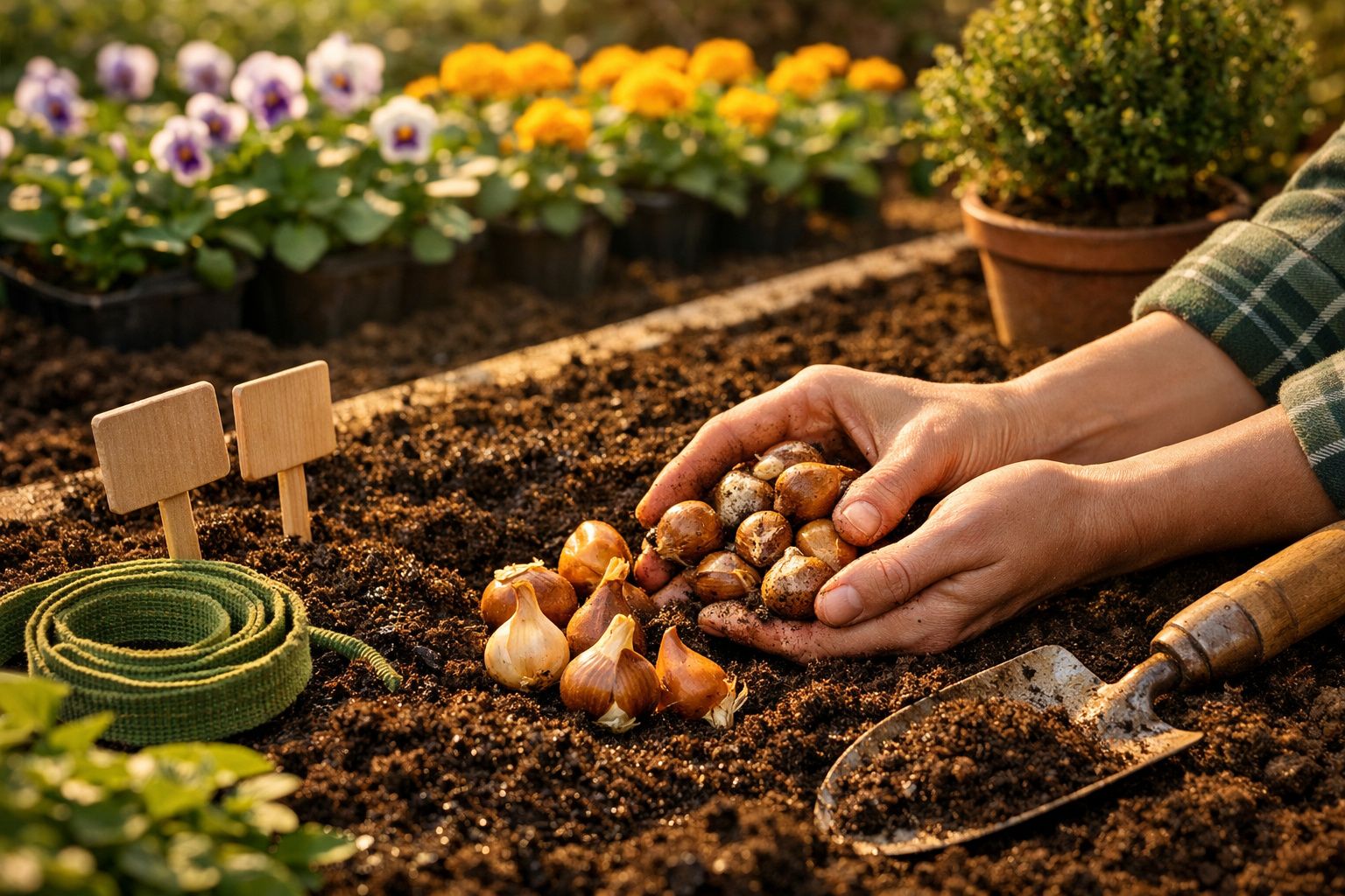 Mãos plantando bolbos de flores num jardim, com etiquetas e ferramentas ao lado, rodeados por pequenos vasos de plantas.