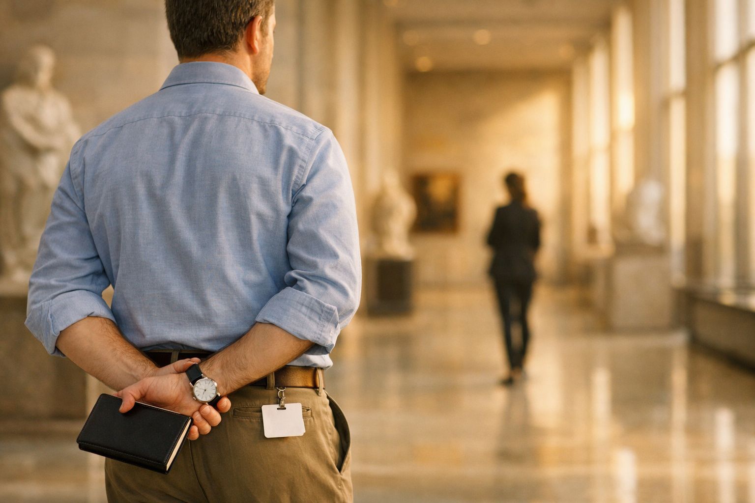 Homem de camisa azul observa corredor de museu, segurando caderno preto atrás das costas.