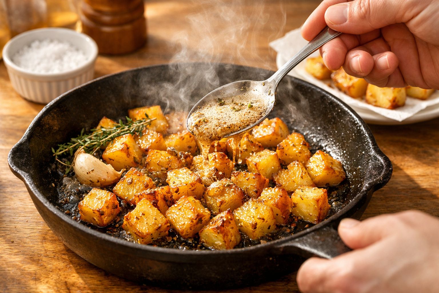Batatas assadas em cubos numa frigideira com alho e ervas, regadas com manteiga derretida.