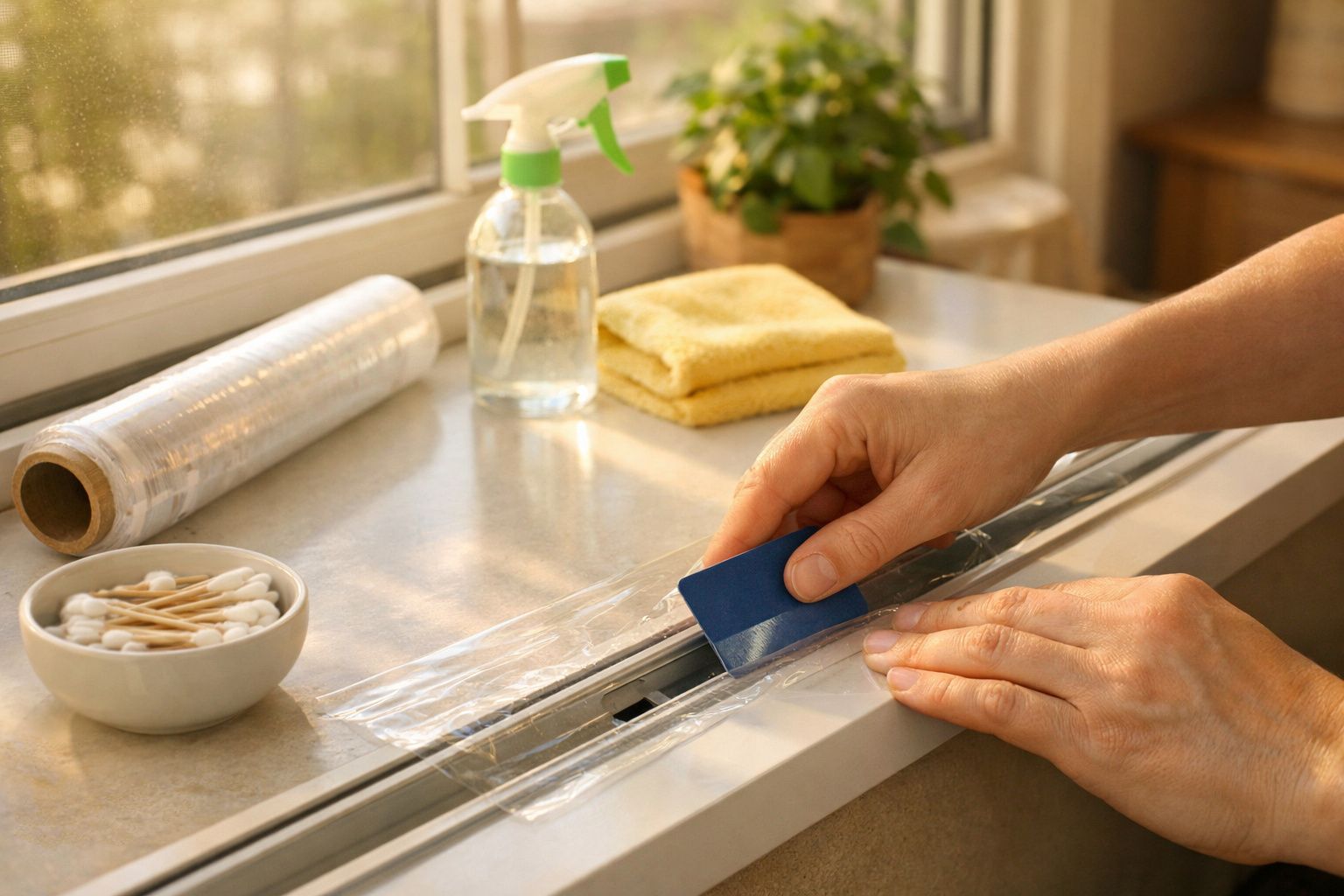 Mãos aplicam filme plástico em janela com utensílios de limpeza ao fundo, incluindo spray e esfregão.