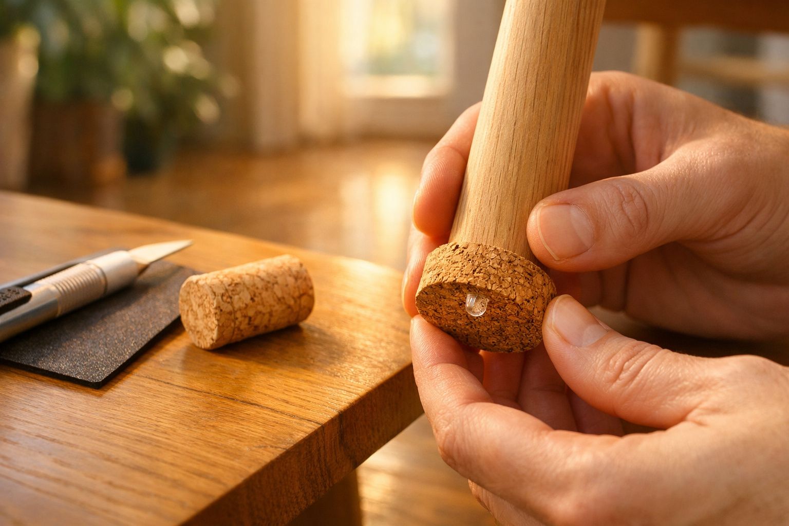 Mãos segurando uma tampa de cortiça com uma lâmpada LED, sobre uma mesa de madeira com um cortador e lixa ao lado.