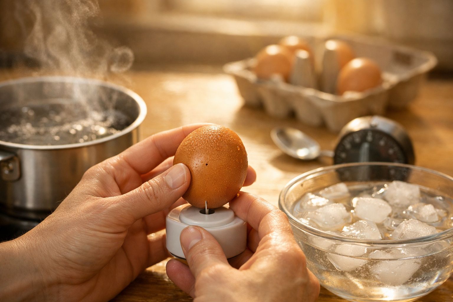 Mãos furam ovo com ferramenta na cozinha; panelas ao fundo, tigela com gelo e ovos em embalagem de papelão.