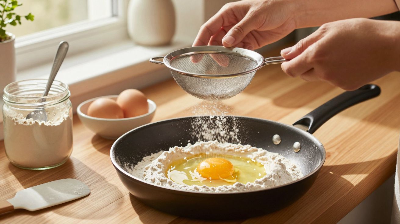 Pessoa peneirando farinha para uma frigideira com farinha e ovo ao centro, em cozinha iluminada.