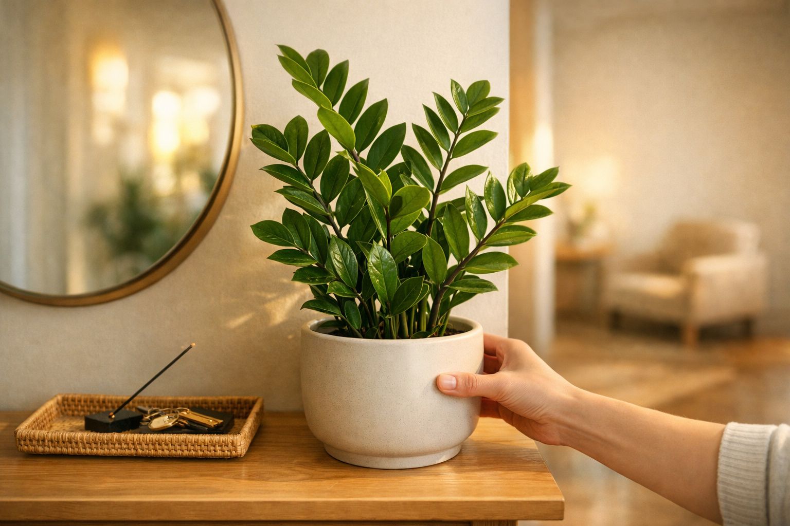 Mão coloca vaso branco com planta verde em cima de uma mesa ao lado de espelho redondo.